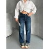 Palazzo bıyık enzim yıkama jeans pantolon koyu mavi d2008