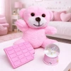 Pembe Peluş Ayıcık, Kar Küresi Ve Pembe Çikolata Not Defteri Hediye Seti
