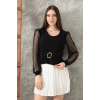 Tokalı tül kollu bluz siyah t4071