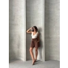 Volanlı keten şort kahve s255058