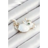 Zirkon Taşlı İnci Detaylı Beyaz 3D Kedi Figürlü Gold Renk Kadın Broş