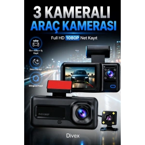 1080p HD 3 Kameralı Araç Kamerası Ön Arka İç Kayıt ve Park Destekli Gece Görüşlü