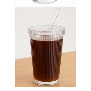 20 Adet Latte Kapaklı Pipetli Kristal Desen Fenomen Bardak Soğuk Kahve, Smoothie, İçecek Bardağı