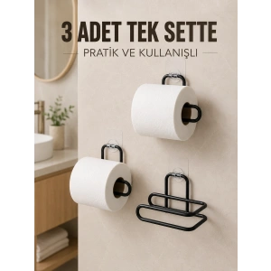 3 Adet Siyah Rulo Kağıt Tutucu Yapışkanlı Duvar Tipi Pratik Kağıtlık Seti