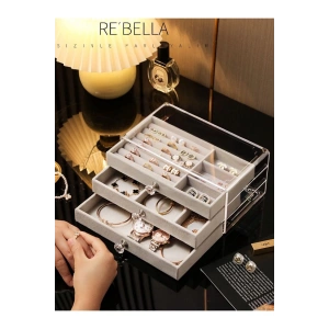 3 Çekmeceli Bölmeli Şeffaf Takı Kutusu | Mücevher Saklama Kutusu | Gri Renk Seçeneği 13x23x10