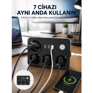 3 USB Çıkışlı 4’lü Akıllı Priz 2500W 2 Metre Kablo