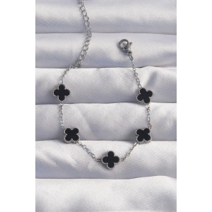 316L Çelik Baby Boy Gümüş Renk Siyah Mineli Yonca Bileklik