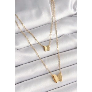 316L Çelik Gold Renk 2Li Simli Kelebek Model Kadın Kolye