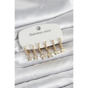 316L Çelik Gold Renk 6lı Set Yıldız Model Kadın Küpe