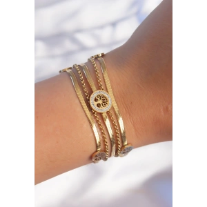 316L Çelik Gold Renk İtalyan Zincir Detaylı Zirkon Taşlı Yaşam Ağacı Tasarımlı Çoklu Bileklik