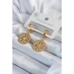 316L Çelik Gold Renk Kutup Yıldızı Model İşleme Detay Zirkon Taşlı Kadın Küpe