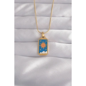316L Çelik Gold Renk Mavi Mineli Güneş Model Tarot Kolye