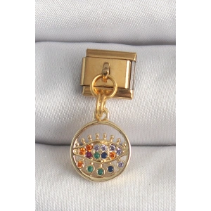 316L Çelik Gold Renk Sallantı Renkli Zirkon Taşlı Göz Model Nomination Charm