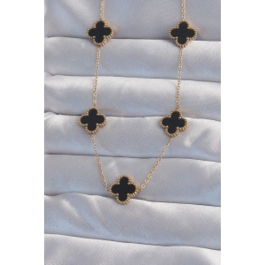 316L Çelik Gold Renk Siyah Mineli Yonca Kolye
