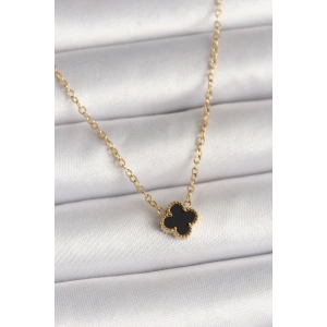 316L Çelik Gold Renk Siyah Yonca Model Kadın Kolye