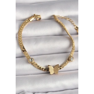 316L Çelik Gold Renk Yassı Zincir Zirkon Taşlı Simli Kelebek Figür Kadın Bileklik