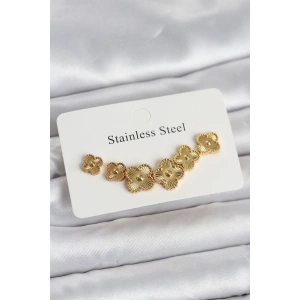 316L Çelik Gold Renk Yonca Küpe Seti