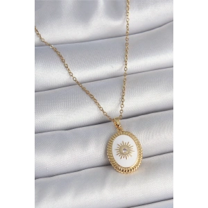 316L Çelik Gold Renk Zincir Beyaz Mineli Güneş İşlemeli Zirkon Taş Detaylı Madalyon Model Kadın Kolye