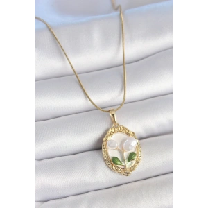 316L Çelik Gold Renk Zincir Beyaz Mineli İncili Çiçek İşlemeli Portre Model Kadın Kolye