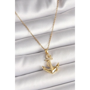 316L Çelik Gold Renk Zincir Zirkon Taş Detaylı Çapa Model Kadın Kolye