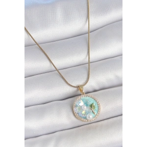 316L Çelik Gold Renk Zincir Zirkon Taş Detaylı Mavi Mineli Çiçek İşlemeli İnci Detay Kadın Kolye