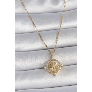 316L Çelik Gold Renk Zincir Zirkon Taşlı Pusula Model Kadın Kolye