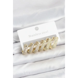 316L Çelik Gold Renk Zirkon Taşlı Damla Halka Küpe Seti