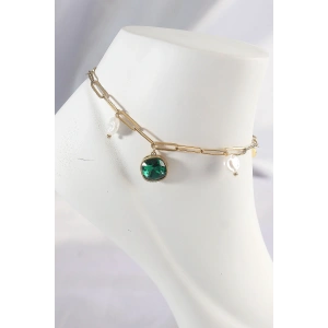 316L Çelik Gold Renk Zümrüt Taş Tasarımlı Halhal