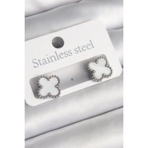 316L Çelik Gümüş Renk Beyaz Yonca Model Kadın Küpe