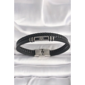 316L Çelik Gümüş Renk Gemi Dümeni Figür Siyah Burgu Deri Kordon Model Erkek Bileklik