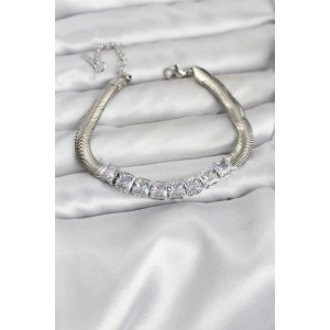 316L Çelik Gümüş Renk Kare Zirkon Taşlı Yılan Zincirli Kadın Bileklik
