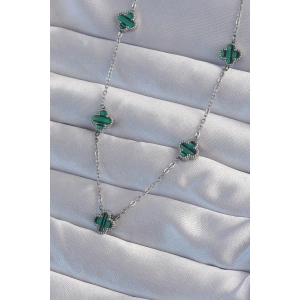 316L Çelik Gümüş Renk Minimal Yeşil Mineli Yonca Kolye