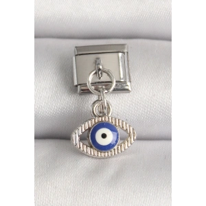 316L Çelik Gümüş Renk Nazar Boncuk Detaylı Göz Model Nomination Charm