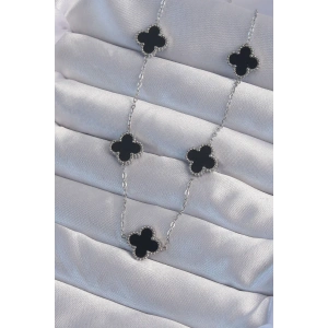 316L Çelik Gümüş Renk Siyah Mineli Yonca Kolye