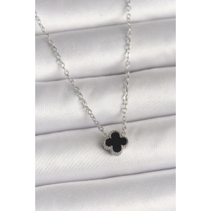 316L Çelik Gümüş Renk Siyah Yonca Model Kadın Kolye