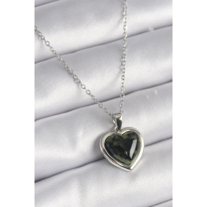 316L Çelik Gümüş Renk Yeşil Mineli Kalp Model Kadın Kolye