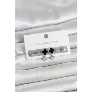 316L Çelik Gümüş Renk Yonca Detaylı Kadın Küpe Seti