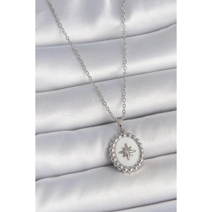 316L Çelik Gümüş Renk Zincir Beyaz Mineli Kutup Yıldız İşlemeli Madalyon Model Kadın Kolye