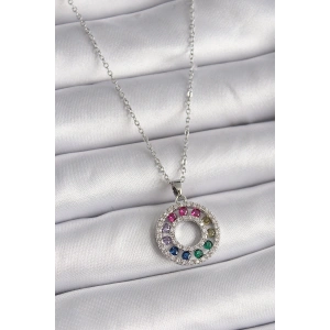 316L Çelik Gümüş Renk Zincir Renkli Zirkon Taşlı Madalyon Model Kadın Kolye