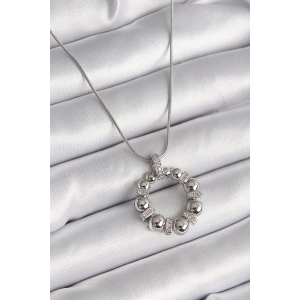 316L Çelik Gümüş Renk Zincir Zirkon Taş Detaylı Bombeli Halka Model Kadın Kolye
