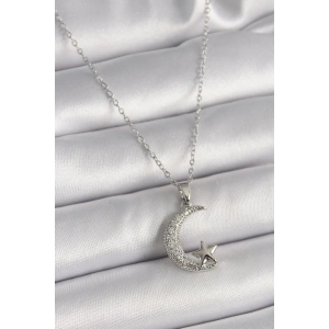 316L Çelik Gümüş Renk Zincir Zirkon Taşlı Hilal Model Yıldız Detay Kadın Kolye