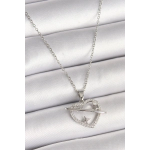 316L Çelik Gümüş Renk Zincir Zirkon Taşlı Kalp Model Yıldız Detay Kadın Kolye