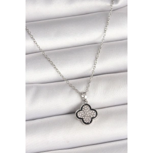 316L Çelik Gümüş Renk Zincir Zirkon Taşlı Yonca Model Kadın Kolye