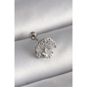 316L Çelik Gümüş Renk Zirkon Taşlı Ay Yıldız Tragus Piercing