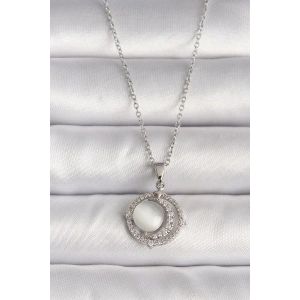 316L Çelik Gümüş Renk Zirkon Taşlı Beyaz Sedefli Hilal Model Kadın Kolye