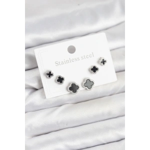 316L Çelik Gümüş Renk Zirkon Taşlı Yonca Model Kadın Küpe Seti