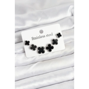 316L Çelik Gümüş Siyah Renk 3 Boy Yonca Küpe Seti