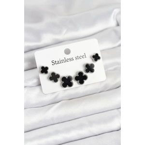 316L Çelik Gümüş Siyah Renk 3 Boy Yonca Küpe Seti