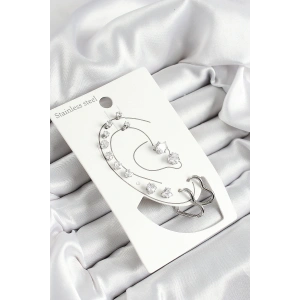 316L Çelik Kalp Figürlü Ve Zirkon Taşlı Gümüş Renk 7li Çift Kadın Küpe Set