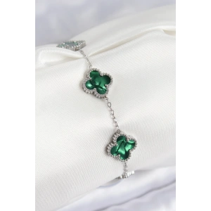 316L Çelik Sedefli Zümrüt Yeşil Gümüş Renk Yonca Kadın Bileklik